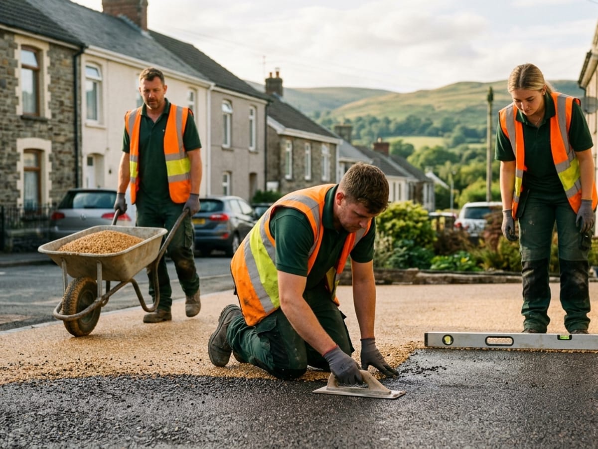 A Bracken & Stone crew laying a resin-bound driveway outside a South Wales stone-fronted house
