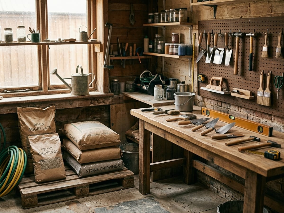 The Bracken & Stone workshop, with resin aggregate stacked on pallets and hand tools hung in order