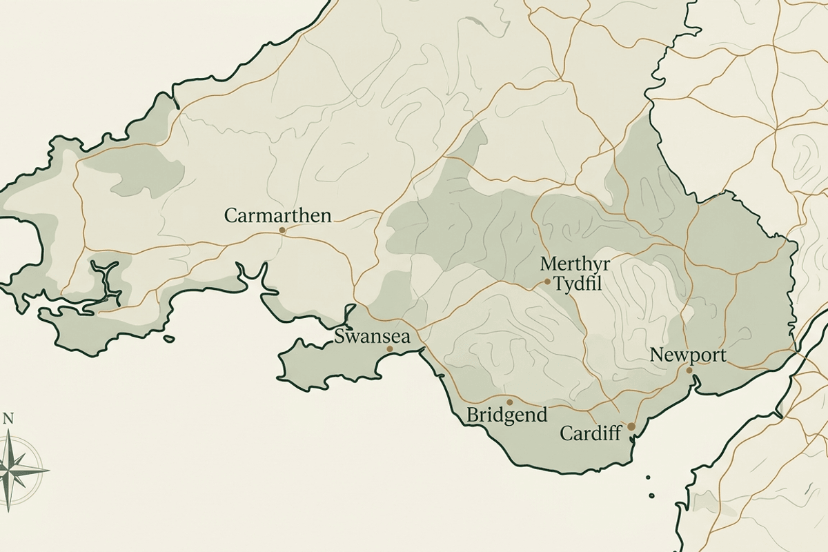 Illustrated map of the South Wales service area, covering Cardiff, Swansea, Newport, Bridgend, Merthyr Tydfil and Carmarthen.